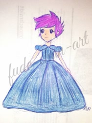 Size: 1024x1365 | Tagged: safe, artist:fude-chan-art, character:scootaloo, species:pegasus, species:pony, my little pony:equestria girls, cinderella, clothing, dress, female, gown, solo, tomboy taming, traditional art, watermark