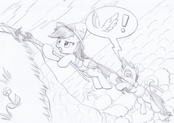 Size: 3430x2430 | Tagged: safe, alternate version, artist:xeviousgreenii, character:daring do, character:quibble pants, species:earth pony, species:pegasus, species:pony, newbie artist training grounds, dialogue, monochrome, rope, scare, speech bubble, sweat, sweatdrop, wings