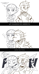 Size: 1231x2290 | Tagged: safe, artist:graytyphoon, commissioner:imperfectxiii, part of a set, character:limestone pie, oc, oc:copper plume, my little pony:equestria girls, blood, blushing, canon x oc, clothing, comic, commission, crossed arms, cute, dialogue, elbowing, equestria girls-ified, eyes closed, female, freckles, glasses, jacket, kiss on the cheek, kissing, limabetes, limeplume, limetsun pie, male, monochrome, neckerchief, pouting, punch, shipping, shirt, straight, surprised, thought bubble, tsundere, wide eyes