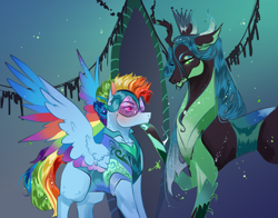 Size: 1716x1348 | Tagged: safe, artist:bunnari, character:queen chrysalis, character:rainbow dash, species:changeling, species:pegasus, species:pony, ship:chrysadash, alternate design, alternate universe, changeling queen, female, lesbian, mare, shipping