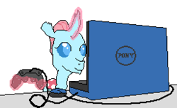 Size: 768x468 | Tagged: safe, artist:derek the metagamer, character:ocellus, species:changeling, species:reformed changeling, newbie artist training grounds, aseprite, computer, computer mouse, controller, desk, female, gamer, gamer ocellus, laptop computer, pixel art, pony (sony), simple background, solo, white background