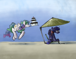 Size: 3300x2550 | Tagged: safe, artist:th3ipodm0n, character:princess celestia, character:princess luna, species:alicorn, species:pony, alternate hairstyle, beach, beach chair, beach umbrella, cake, cakelestia, clothing, duo, female, folded wings, food, luna is not amused, mare, mood contrast, mouth hold, outdoors, prancing, royal sisters, shirt, siblings, sisters, sitting, smiling, unamused, vacation, varying degrees of amusement, wings