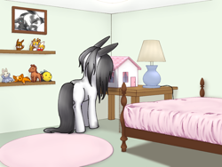 Size: 1600x1200 | Tagged: safe, artist:causticeichor, oc, oc:inkenel, oc:oretha, species:pony, bed, bedroom, comic, crossover, dollhouse, eevee, giant pony, giant/tiny, ladder, macro, miles "tails" prower, picture, plushie, pokémon, sonic the hedgehog (series)