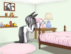 Size: 1600x1200 | Tagged: safe, artist:causticeichor, oc, oc:inkenel, oc:oretha, species:pony, bed, bedroom, comic, crossover, dollhouse, eevee, giant pony, giant/tiny, knocking, ladder, macro, miles "tails" prower, picture, plushie, pokémon, sonic the hedgehog (series)