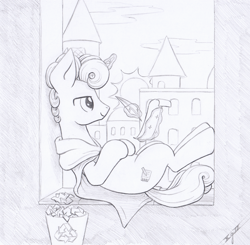 Size: 2300x2250 | Tagged: safe, artist:xeviousgreenii, oc, oc only, oc:ginger mint, species:pony, species:unicorn, newbie artist training grounds, atg 2020, magic, male, monochrome, quill, solo, stallion, traditional art