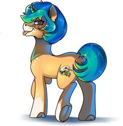 Size: 2300x2355 | Tagged: safe, artist:mylittlegodzilla, oc, oc only, oc:crystal beaker, species:pony, species:unicorn, female, mare, simple background, skull, smiling, socks (coat marking), solo, standing, tongue out, white background