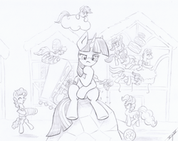 Size: 2960x2350 | Tagged: safe, artist:xeviousgreenii, character:carrot cake, character:cheese sandwich, character:dj pon-3, character:lyra heartstrings, character:octavia melody, character:pinkie pie, character:rainbow dash, character:twilight sparkle, character:twilight sparkle (alicorn), character:vinyl scratch, species:alicorn, species:pegasus, species:pony, cake, cloud, food, monochrome, party cannon, the thinker, wubcart