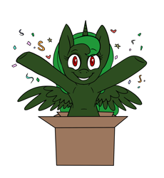 Size: 2300x2500 | Tagged: safe, artist:katyusha, character:surprise, oc, oc:evening "eve" canter, species:alicorn, species:pony, alicorn oc, artificial alicorn, box, commission example, cute, female, green alicorn (fo:e), horn, pony in a box, simple background, solo, white background, wings