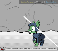 Size: 512x448 | Tagged: safe, artist:derek the metagamer, oc, oc:derek the metagamer, species:earth pony, species:pony, aseprite, bust, counter-strike, counter-strike: global offensive, dialogue, gun, male, pixel art, portrait, rifle, smoke, smokebomb, sniper, sniper rifle, video game, weapon