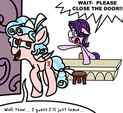 Size: 976x892 | Tagged: safe, artist:rainbowbacon, character:cozy glow, character:starlight glimmer, species:pegasus, species:pony, species:unicorn, newbie artist training grounds, desk, dialogue, door, evil, pure concentrated unfiltered evil of the utmost potency, pure unfiltered evil, speech bubble, starlight's office, this will end in detention