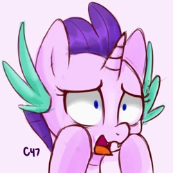 Size: 2000x2000 | Tagged: safe, artist:handgunboi, character:starlight glimmer, species:dracony, species:dragon, species:pony, species:unicorn, dragonified, female, glimmerdragon, hooves, hooves on face, hybrid, open mouth, shocked expression, shrunken pupils, simple background, solo, species swap