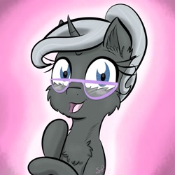 Size: 2000x2000 | Tagged: safe, artist:shinycyan, oc, species:pony, species:unicorn, blue eyes, bust, commission, glasses, grey hair, grey pony, pink background, portrait, simple background, solo