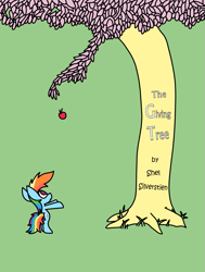 Size: 1509x2000 | Tagged: safe, artist:rainbowbacon, character:rainbow dash, species:pegasus, species:pony, apple, book, fluttertree, food, shel silverstein, the giving tree, tree
