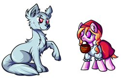 Size: 5187x3349 | Tagged: safe, artist:coco-drillo, species:earth pony, species:pony, species:wolf, newbie artist training grounds, basket, braid, cell shaded, chest fluff, clothing, ear fluff, hat, little red riding hood, natg2020, paws, ponified, scar, simple background, skirt, transparent background