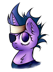 Size: 1859x2506 | Tagged: safe, artist:coco-drillo, character:twilight sparkle, species:pony, species:unicorn, newbie artist training grounds, bust, clothing, female, future twilight, headband, messy mane, natg2020, patch, portrait, simple background, solo, white background