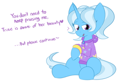 Size: 2400x1600 | Tagged: safe, artist:nevaylin, gameloft, character:trixie, species:pony, species:unicorn, alternate hairstyle, babysitter trixie, clothing, cute, dialogue, female, gameloft interpretation, hoodie, mare, simple background, sitting, solo, white background