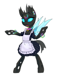 Size: 3432x4576 | Tagged: safe, artist:kovoranu, oc, oc only, oc:trill, species:changeling, bell, bell collar, bipedal, bracelet, cat bell, changeling oc, clothing, collar, commission, cute, ear piercing, glowstick, horn, horn ring, jewelry, maid, piercing, simple background, solo, transparent background