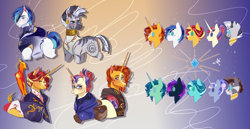 Size: 2900x1500 | Tagged: safe, artist:bunnari, character:moondancer, character:shining armor, character:sunburst, character:sunset shimmer, character:zecora, species:phoenix, species:pony, species:zebra, brother and sister, clothing, siblings, sunny siblings