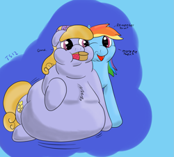 Size: 1601x1445 | Tagged: safe, artist:watertimdragon, character:rainbow dash, species:crystal pony, species:pony, amber waves, fat, force feeding, obese