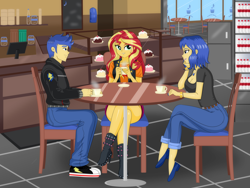 Size: 4000x3000 | Tagged: safe, artist:chuyryu, character:flash sentry, character:sunset shimmer, oc, oc:lazuli melody, ship:flashimmer, my little pony:equestria girls, beverage, boots, cafe, cafeteria, coffee, converse, cup, female, food, high heel boots, male, milf, mother, mother and child, mother and son, mug, pastry, shipping, shoes, straight, tea