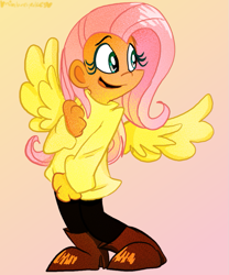 Size: 665x800 | Tagged: safe, artist:mirabuncupcakes15, character:fluttershy, species:human, boots, clothing, cute, female, gradient background, humanized, jeans, open mouth, pants, shoes, shyabetes, solo, sweater, sweatershy, winged humanization, wings