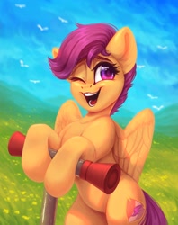 Size: 1624x2048 | Tagged: safe, artist:amishy, character:scootaloo, species:bird, species:pegasus, species:pony, bipedal, cute, cutealoo, female, filly, hind legs, one eye closed, open mouth, redraw, scooter, solo