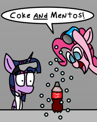 Size: 1213x1520 | Tagged: safe, artist:rainbowbacon, character:pinkie pie, character:twilight sparkle, character:twilight sparkle (alicorn), species:alicorn, species:earth pony, species:pony, newbie artist training grounds, coke, coke bottle, mentos, mentos and diet coke, soda, this will not end well