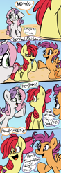 Size: 280x800 | Tagged: safe, artist:mirabuncupcakes15, character:apple bloom, character:scootaloo, character:sweetie belle, species:earth pony, species:pegasus, species:pony, species:unicorn, series:cmc future, episode:growing up is hard to do, episode:the last problem, g4, my little pony: friendship is magic, alternate hairstyle, apple bloom's bow, bow, comic, cutie mark crusaders, female, hair bow, implied rainbow dash, mare, older, older apple bloom, older cmc, older scootaloo, older sweetie belle, open mouth, raised hoof, raised leg, trio