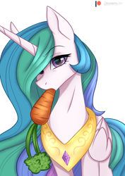 Size: 2894x4093 | Tagged: safe, artist:chickenbrony, character:princess celestia, species:alicorn, species:pony, carrot, cute, cutelestia, female, flowing mane, food, herbivore, horses doing horse things, jewelry, looking at you, mare, mouth hold, necklace, regalia, solo