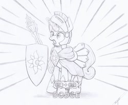 Size: 1024x844 | Tagged: safe, artist:xeviousgreenii, species:pony, newbie artist training grounds, armor, atg 2020, magic, male, monochrome, royal guard, shield, solo, spear, traditional art, weapon