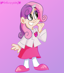Size: 696x800 | Tagged: safe, artist:mirabuncupcakes15, character:sweetie belle, species:human, clothing, female, flats, gradient background, grin, horn, horned humanization, humanized, shoes, skirt, smiling, socks, solo, stockings, thigh highs