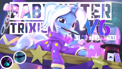 Size: 7680x4320 | Tagged: safe, artist:calveen, artist:whiteskyline, character:starlight glimmer, character:trixie, species:pony, species:unicorn, 3d, alternate hairstyle, babysitter trixie, banner, cannon, card, clothing, diamond, hat, hoodie, jewelry, looking at you, magic stick, necklace, source filmmaker, stage, stars, text, top hat