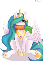 Size: 2894x4093 | Tagged: safe, artist:chickenbrony, character:princess celestia, species:alicorn, species:pony, :3, carrot, crown, cute, cutelestia, dawwww, female, food, hair over one eye, herbivore, jewelry, looking at you, mare, mouth hold, nom, regalia, sitting, smiling, solo, spread wings, wing fluff, wings