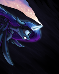 Size: 1600x2000 | Tagged: safe, artist:rocket-lawnchair, character:princess luna, species:alicorn, species:pony, newbie artist training grounds, atg 2020, crying, female, flying, glowing horn, gritted teeth, horn, magic, nightmare, solo, spread wings, wings