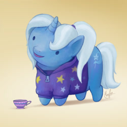 Size: 1719x1719 | Tagged: safe, artist:magfen, character:trixie, species:pony, species:unicorn, alternate hairstyle, babysitter trixie, chibi, clothing, cup, female, hoodie, solo, teacup