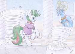 Size: 1024x740 | Tagged: safe, artist:xeviousgreenii, character:grogar, character:gusty, character:gusty the great, species:pony, species:unicorn, bell, cloak, clothing, colored pencil drawing, duo, female, grogar's bell, hurricane, magic, magic aura, male, mare, pillar, telekinesis, traditional art, whirlwind