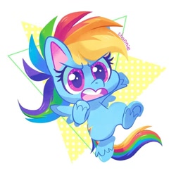 Size: 998x998 | Tagged: safe, artist:sharmie, character:rainbow dash, species:pegasus, species:pony, my little pony:pony life, abstract background, bipedal, chibi, cute, female, mare, running, solo, underhoof, unshorn fetlocks, weapons-grade cute