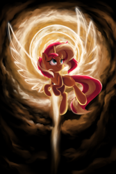 Size: 2000x3000 | Tagged: safe, artist:rocket-lawnchair, character:sunset shimmer, species:pony, species:unicorn, newbie artist training grounds, artificial wings, atg 2020, augmented, female, flying, halo, magic, magic wings, mare, smiling, solo, wings