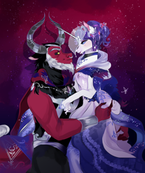 Size: 1500x1785 | Tagged: safe, alternate version, artist:bunnari, character:lord tirek, character:rarity, species:centaur, species:pony, species:unicorn, alternate universe, cape, choker, clothing, coat, dress, ear piercing, earring, female, hoof shoes, jewelry, male, mare, nose piercing, nose ring, piercing, rarirek, regalia, robe, shipping, straight, veil