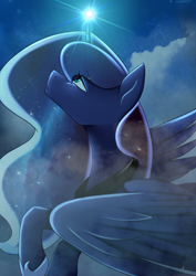 Size: 2894x4093 | Tagged: safe, artist:chickenbrony, character:princess luna, species:alicorn, species:pony, :o, cloud, constellation, ethereal mane, female, galaxy mane, glowing horn, high res, horn, lidded eyes, looking up, mare, night, open mouth, profile, raised hoof, sky, smoke, solo, spread wings, wings