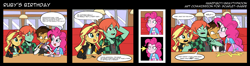 Size: 3950x1050 | Tagged: safe, artist:graytyphoon, colorist:scarletsabre, character:pinkie pie, character:sunset shimmer, oc, oc:copper plume, oc:ruby sword, my little pony:equestria girls, angry, canon x oc, colored, comic, copperpie, female, male, shipping, straight, sunsword