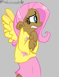 Size: 619x800 | Tagged: safe, artist:mirabuncupcakes15, character:fluttershy, species:human, clothing, dark skin, female, gray background, humanized, scared, shirt, simple background, skirt, solo, winged humanization, wings