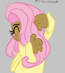 Size: 714x800 | Tagged: safe, artist:mirabuncupcakes15, character:fluttershy, species:human, clothing, dark skin, eyes closed, female, gray background, humanized, scared, shirt, simple background, solo, winged humanization, wings