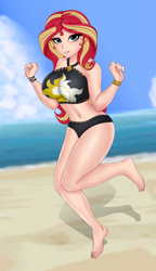 Size: 1739x3024 | Tagged: safe, artist:anonix123, character:sunset shimmer, species:human, my little pony:equestria girls, adorasexy, barefoot, belly button, bikini, black bikini, black bikini bottom, black bikini top, black bra, black panties, breasts, busty sunset shimmer, clothing, cute, cutie mark, cutie mark on clothes, feet, female, high res, human coloration, looking at you, ocean, sand, sexy, smiling, solo, summer sunset, swimsuit