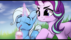Size: 1796x1011 | Tagged: safe, artist:hitbass, character:starlight glimmer, character:trixie, species:pony, species:unicorn, blushing, drink, drinking, duo, eyes closed, female, glowing horn, grass, horn, magic, mare, raised hoof, sketch, straw, telekinesis
