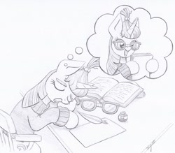 Size: 1024x897 | Tagged: safe, artist:xeviousgreenii, character:moondancer, species:pony, newbie artist training grounds, atg 2020, book, cute, dancerbetes, dream, female, inkwell, monochrome, quill, sleeping, solo, traditional art