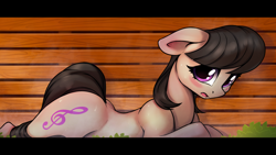 Size: 1796x1011 | Tagged: safe, artist:hitbass, character:octavia melody, species:earth pony, species:pony, blushing, butt, cute, eyelashes, female, floppy ears, looking at you, mare, open mouth, prone, solo, tavibetes, treblebutt