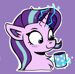 Size: 906x899 | Tagged: safe, artist:amy-gamy, edit, character:starlight glimmer, species:pony, species:unicorn, bust, chocolate, cropped, cute, drink, ear fluff, female, food, glimmerbetes, hot chocolate, magic, mare, mug, outline, portrait, purple background, simple background, solo, telekinesis