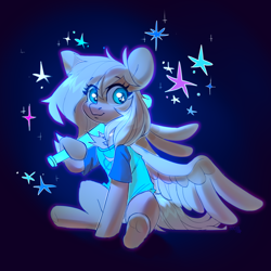 Size: 3000x3000 | Tagged: safe, artist:sugarstar, rcf community, oc, oc only, oc:mirta whoowlms, species:pegasus, species:pony, baseball bat, clothing, crossover, female, looking at you, mare, neon, night in the woods, shirt, sitting, smiling, spread wings, starry eyes, stars, t-shirt, wingding eyes, wings
