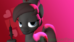 Size: 1920x1080 | Tagged: safe, artist:marianokun, character:nurse redheart, species:earth pony, species:pony, 3d, clothing, cutie mark, cutie mark background, hat, heart, looking at you, purple background, red background, red cross, simple background, smiling, source filmmaker, syringe